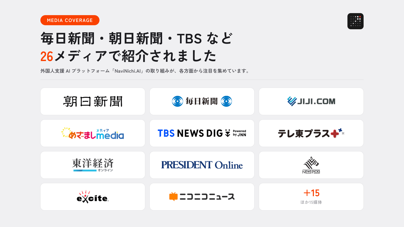 NaviNichi の取り組みを紹介した掲載メディアのロゴ一覧。朝日新聞デジタル、毎日新聞、時事通信、めざましMedia、TBS NEWS DIG、テレ東プラス、東洋経済オンライン、プレジデントオンライン、NewsPicks、エキサイトニュース、ニコニコニュースほか、計26媒体。
