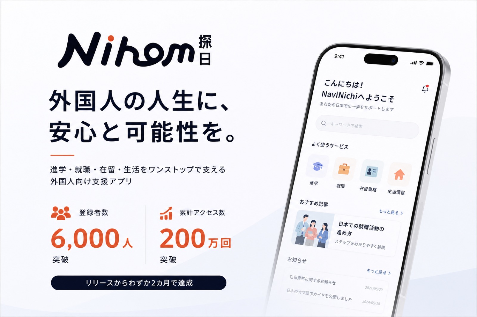外国人本人向けアプリ「探日（Nihom）」の登録者数6,000人突破・累計アクセス数200万回突破を伝えるビジュアル。